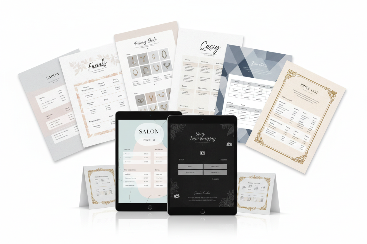 Professional price list templates for salons, photographers, and service businesses - editable pricing sheets