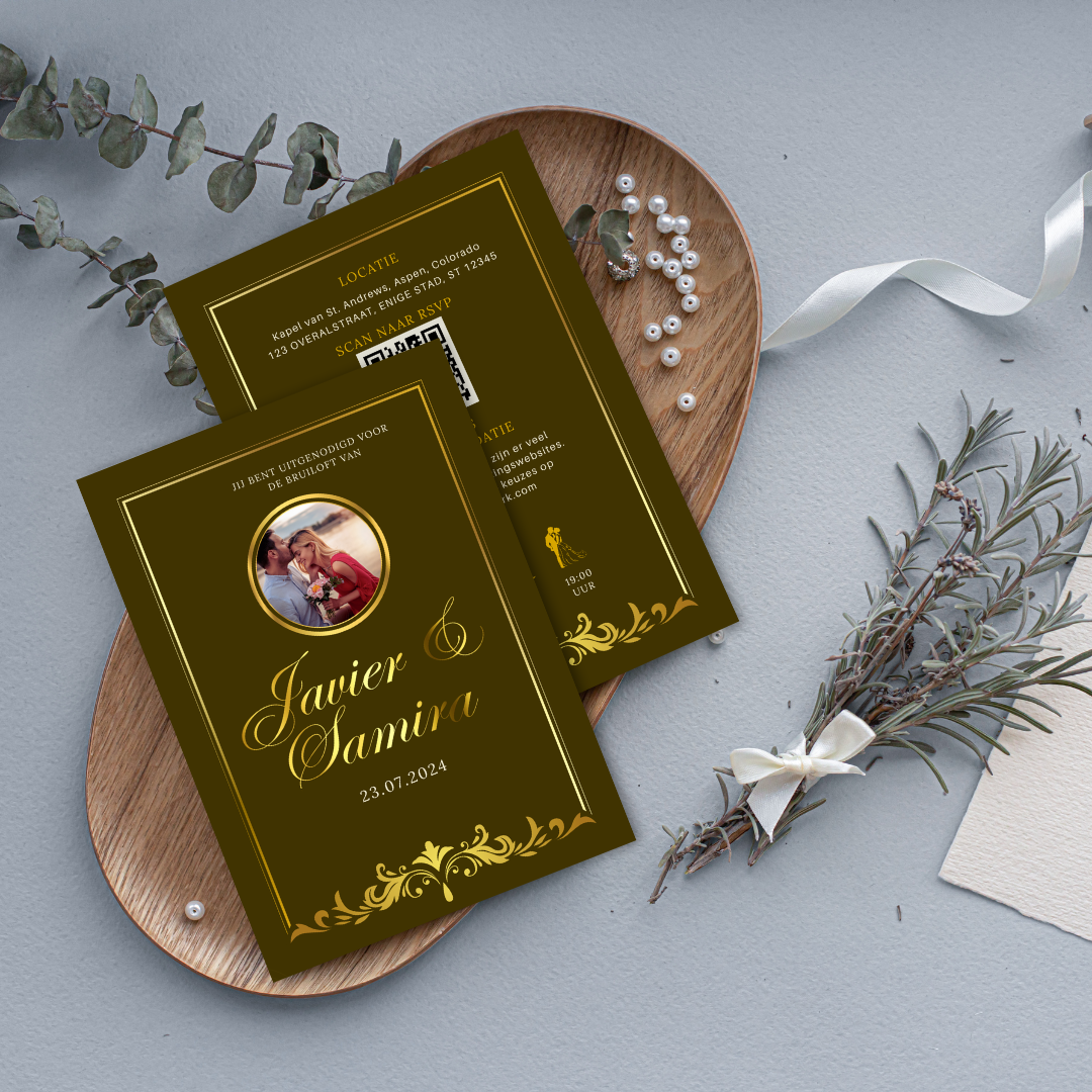 Elegant Brown & Gold Wedding Invitation - Double-Sided Card