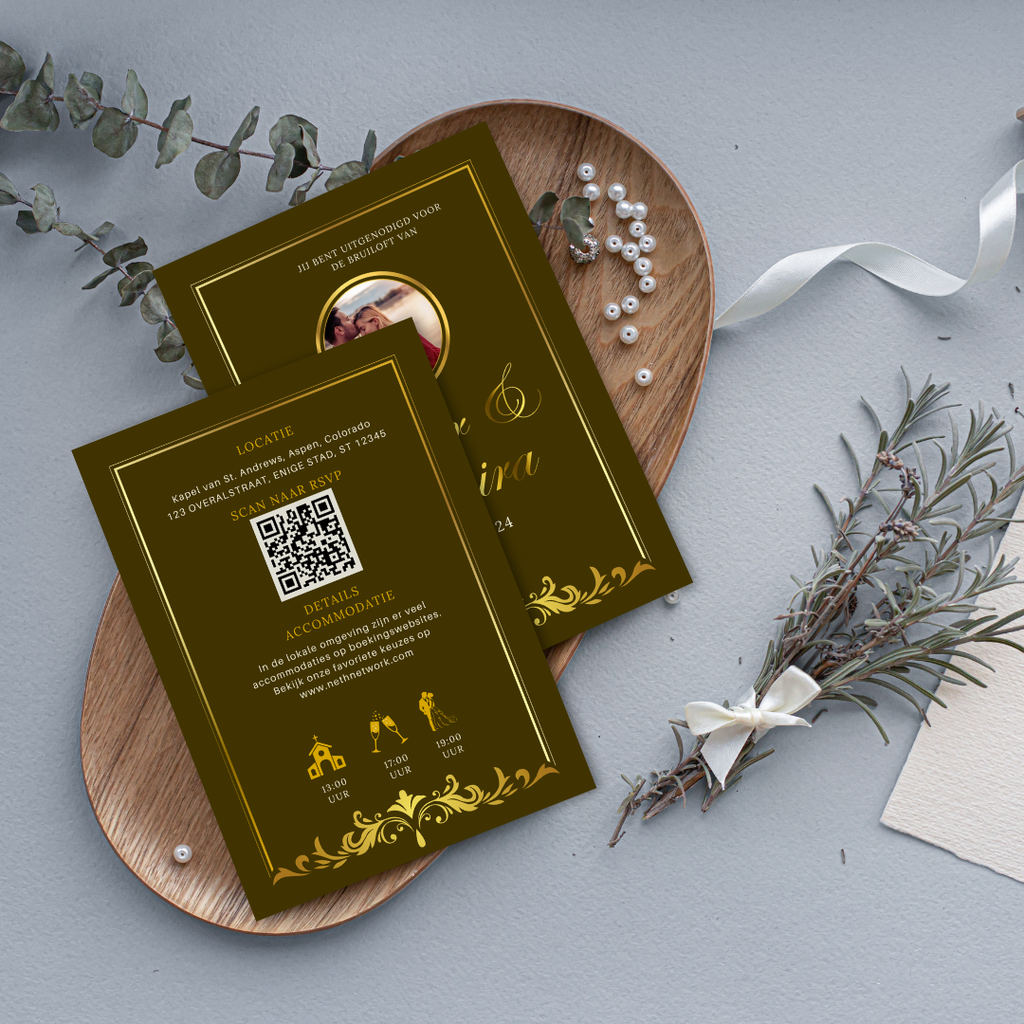 Elegant Brown & Gold Wedding Invitation - Double-Sided Card