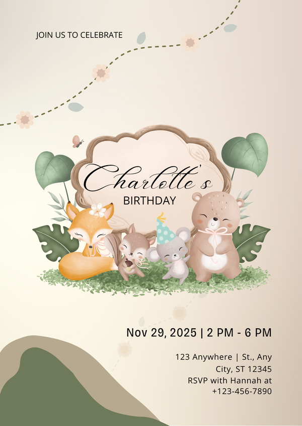 Woodland Animals Birthday Invitation – Kids Party Design