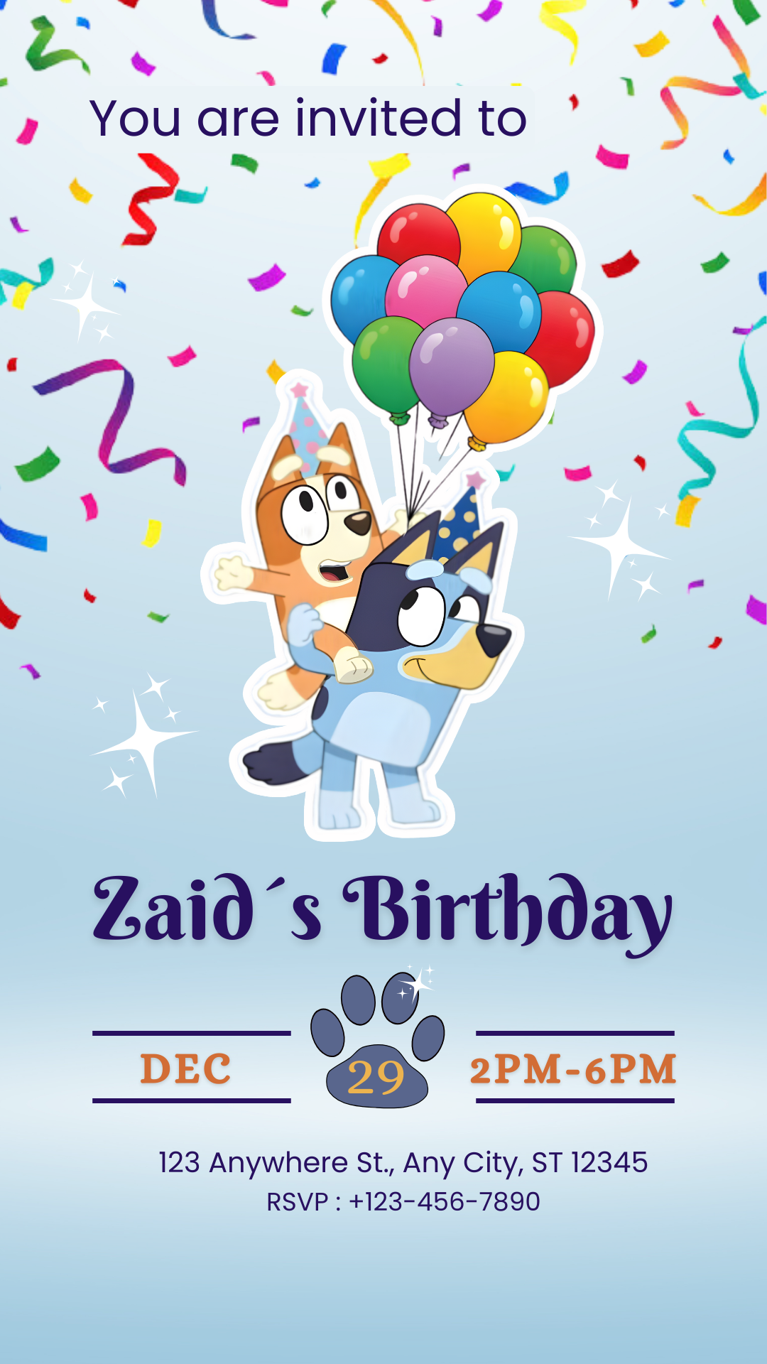 Bluey Birthday Invitation – Balloons & Confetti Design