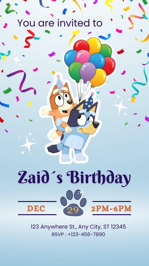 Bluey Birthday Invitation – Balloons & Confetti Design