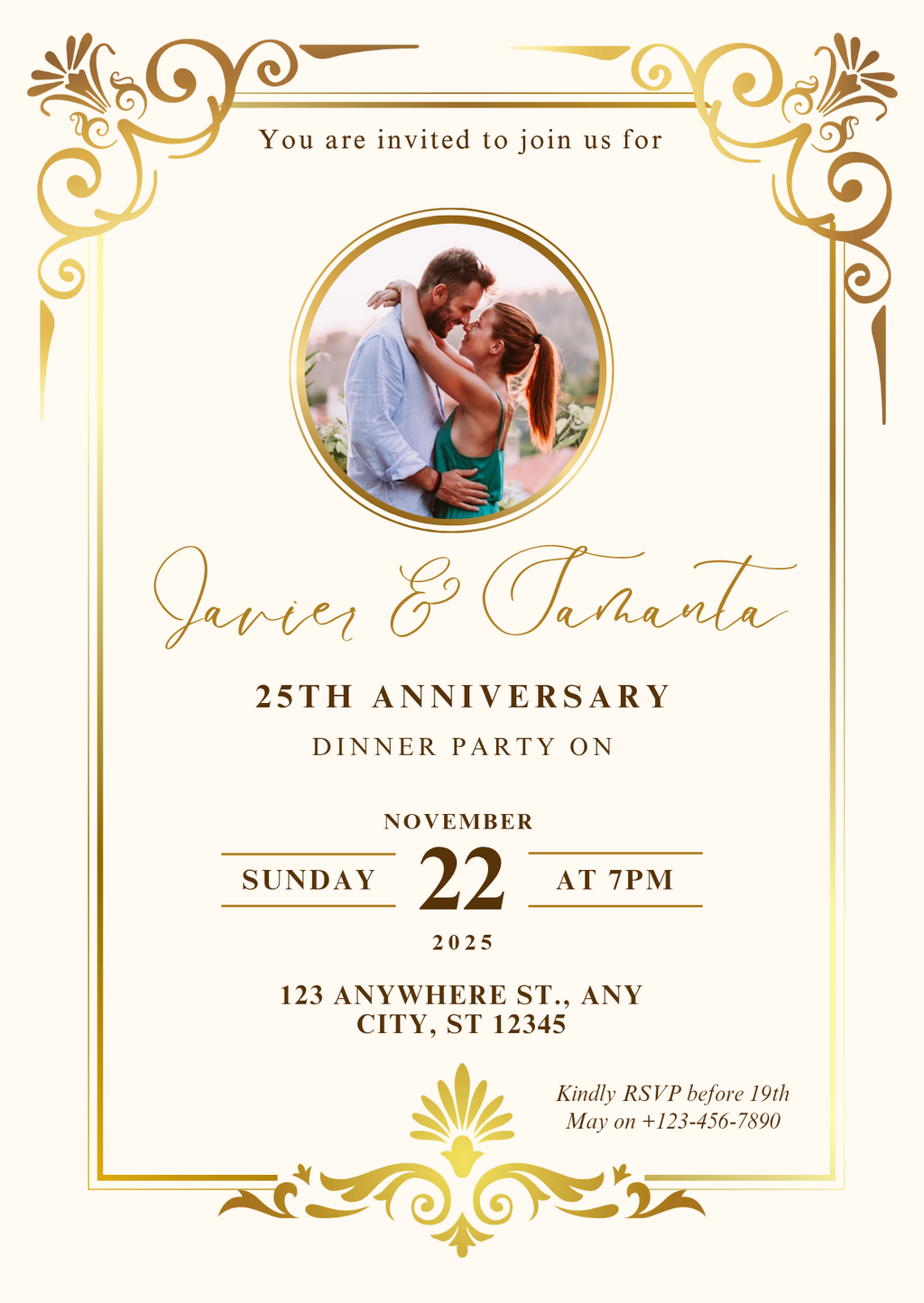 Elegant 25th Anniversary Invitation – Customizable Gold Floral Design