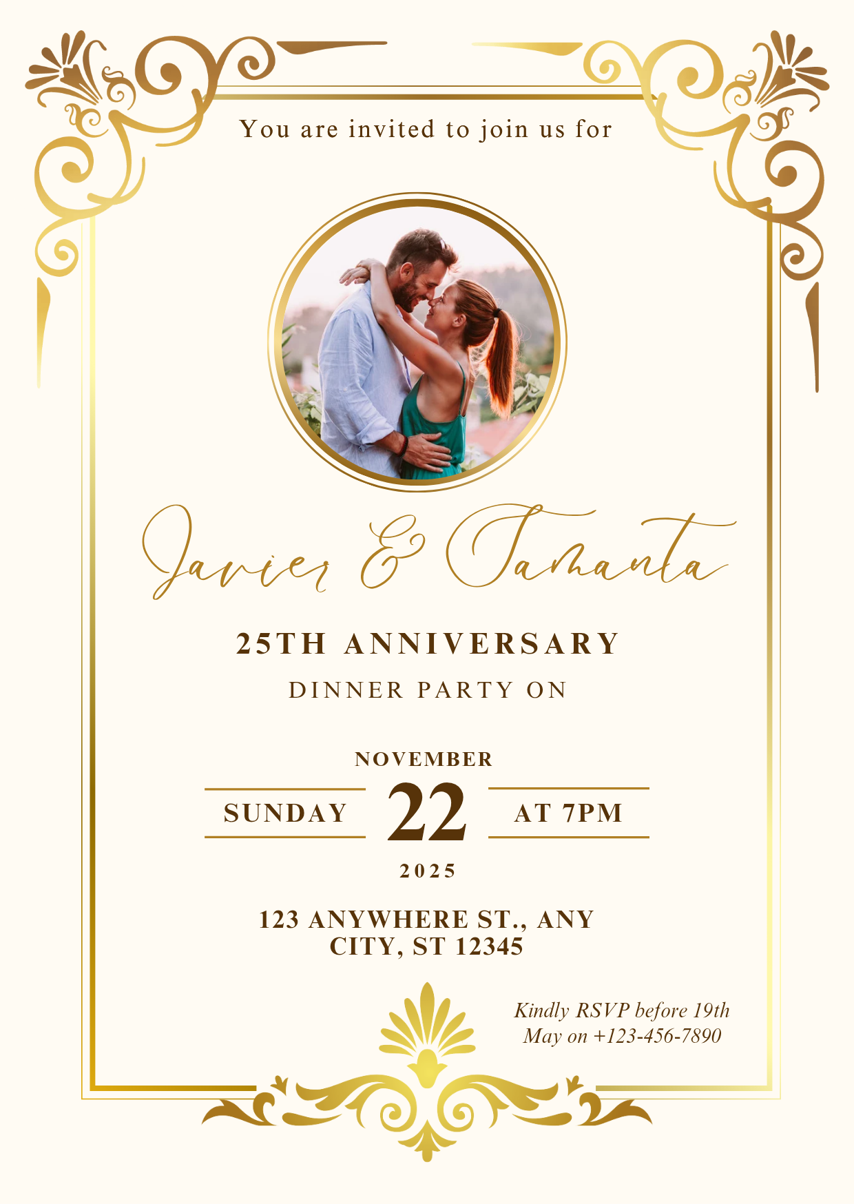 Elegant 25th Anniversary Invitation – Customizable Gold Floral Design