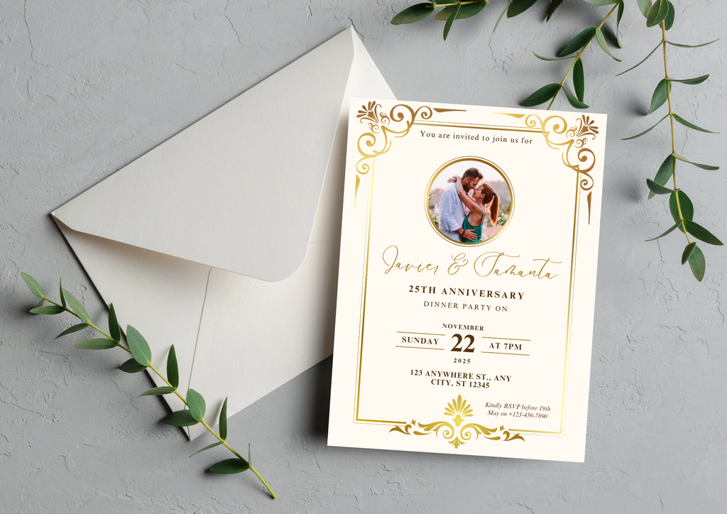 Elegant 25th Anniversary Invitation – Customizable Gold Floral Design