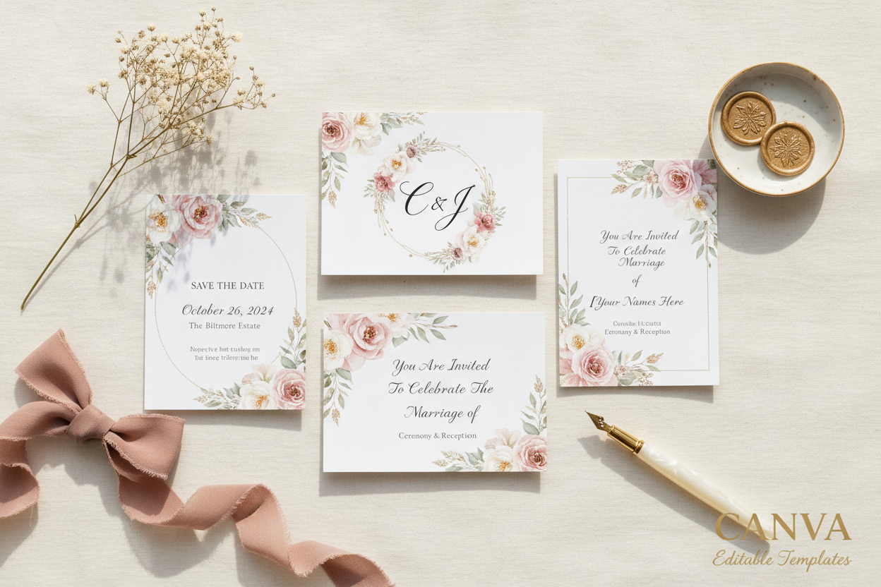 Elegant wedding invitation template mockup with romantic floral details and sophisticated typography